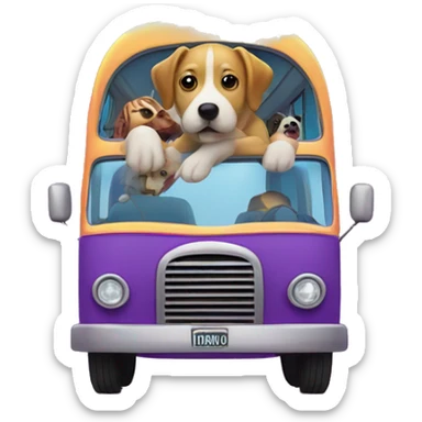 Dog on a bright purple double decor bus with a rain bow above it and animal passengers behind him sticker