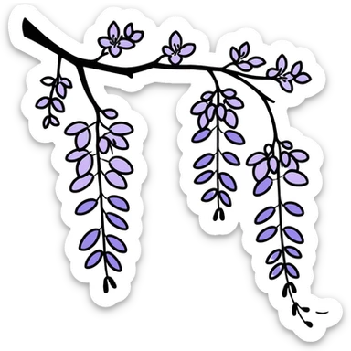Artistic Japanese wisteria (fuji) flower with sumi-e inspired brush strokes, hanging lavender bloom clusters, zen minimalist aesthetic with subtle ink wash background sticker