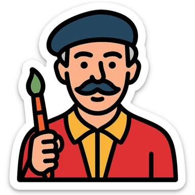 Kamal-ol-molk, Iranian painter, color outline icon style, with a beret and brush sticker