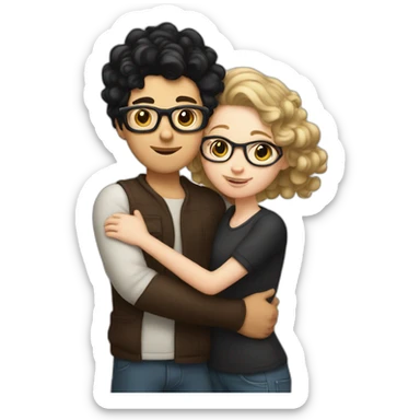  a white Boy with black hair and curlers, and with glasses on, and a white girl with long brown hair hugging each other sticker