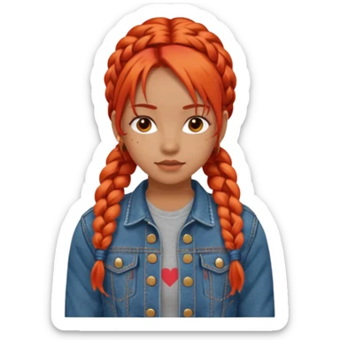 red orange braids hair girl, wear jean jacket sticker
