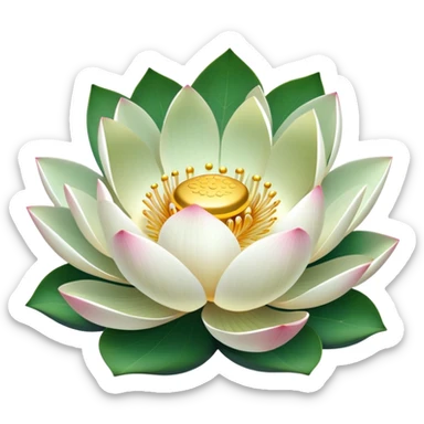 Lotus flower in full bloom with white petals and golden center, round green leaf sticker