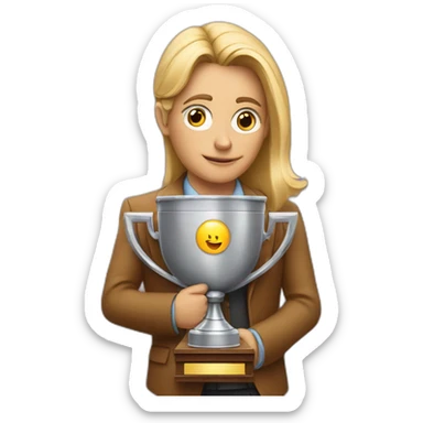 television game show host, lost in thought, holding a trophy sticker