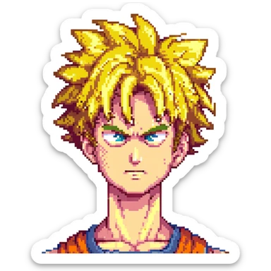 Goku from Dragon Ball Z, pixel art style, Super Saiyan form, golden hair, intense expression sticker