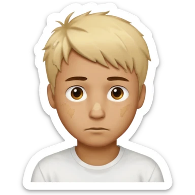 Male with short, messy blonde hair, large expressive golden-brown eyes, brown skin color, scar over nose, wearing a plain white t-shirt. sticker