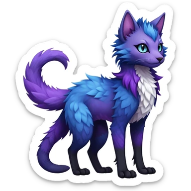 Kawaii dark black and blue and purple edgy fantasy ethereal feline-vernid-sergal-fursona animal creature with a tufted tail full body sticker