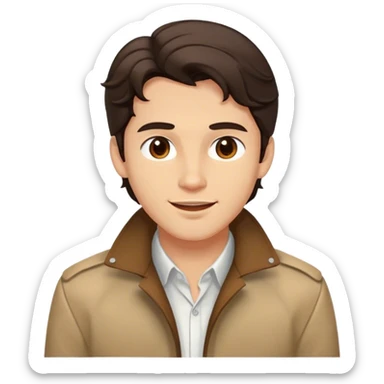 The person(male) has a medium complexion, wavy  dark hair coming on his forehead, well-defined facial features with a strong jawline, full lips, and happy expression. They are wearing a white shirt layered with a brown jacket sticker