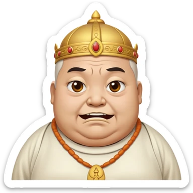 fat temple priest with a scary look and a closed, troubled smile, focus on facial expression sticker