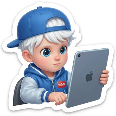 Skinny as fuck white child with a blue baseball hat and jacket watching YouTube for 24 hours straight On a big as fuck iPad sticker