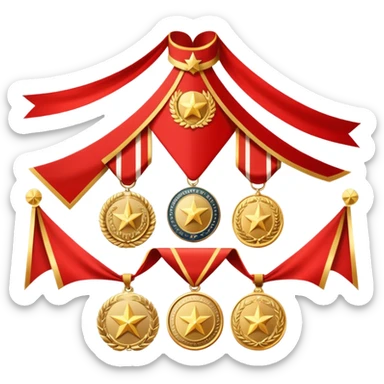Icon for Collecting Orders, Medals & Badges: a variety of vintage orders, medals and badges, displayed neatly on a big red pennant or in a display case. The icon should reflect the honor and historical significance of these collectible items. Transparent background. sticker