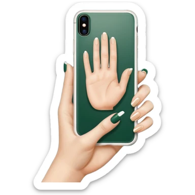 female hand with nude manicure (5 fingers) holding a white iPhone in a dark green case, minimalism, top view, emoji style sticker