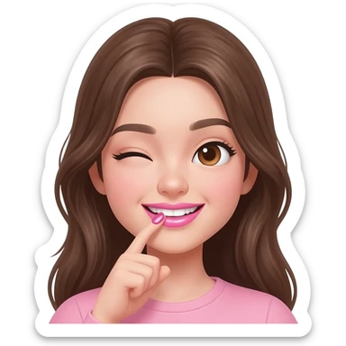 Emoji 3D estilo iPhone de chica joven sonriendo mientras muerde su dedo índice, labios rosados brillantes, dientes blancos visibles, ojos entrecerrados felices, iluminación rosa suave estilo selfie, cabello castaño largo, estilo sticker moderno, fondo transparente, alta calidad. sticker