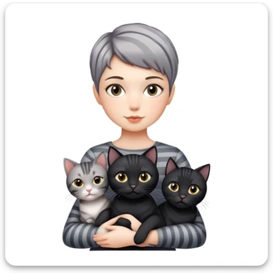 Girl with short pixie cut holding three cats, one black cat, one grey cat, and one grey-striped cat sticker