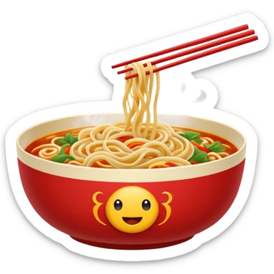 Chinese cuisine humanless avatar in bright emoji-style illustration. Noodles bowl, red and gold colors, simple shapes, flat design, bold and energetic. sticker