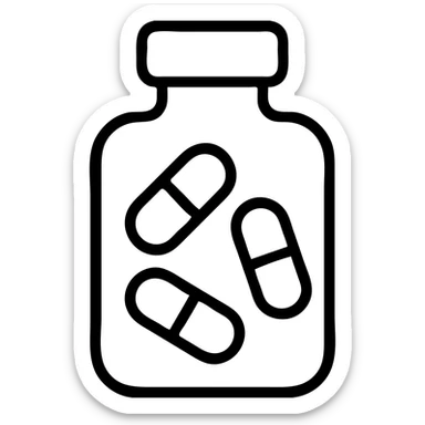 In the same minimal black and white outline style, add simple vitamin capsules inside the glass or bottle, keeping the design clean and modern, with no background. sticker