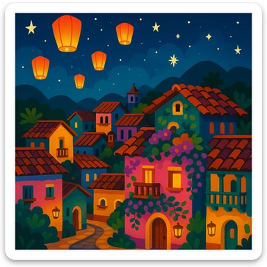 mystical Colombian village at night with floating lanterns, traditional houses, magical realism touches, storybook illustration style sticker