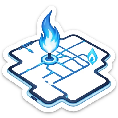 a map with a glowing blue flame on the x and networking paths sticker