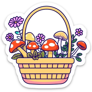 basket full of forest goodies with mushrooms, herbs, flowers in soft pastel colors sticker