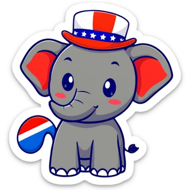 cute red elephant, simple flat design, round shape, patriotic top hat, cartoon sticker style sticker