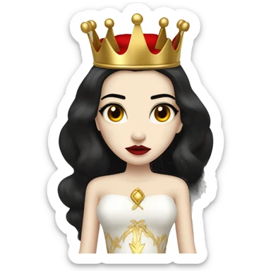Queen with pale skin, long black hair, bright red lips, skinny gold crown, white dress, and evil stare.  sticker