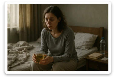 Realistic, cinematic illustration of a woman (early 30s), tired and pale, sitting on the edge of her bed in a softly lit morning bedroom. She looks exhausted, with slouched posture and dark circles under her eyes, wearing comfortable loungewear and holding a cup of herbal tea. The room is cozy and slightly messy, with a blanket, water bottle, and book on the nightstand. Soft natural light highlights her persistent tiredness, capturing the struggle of chronic fatigue syndrome gently and respectfully. sticker