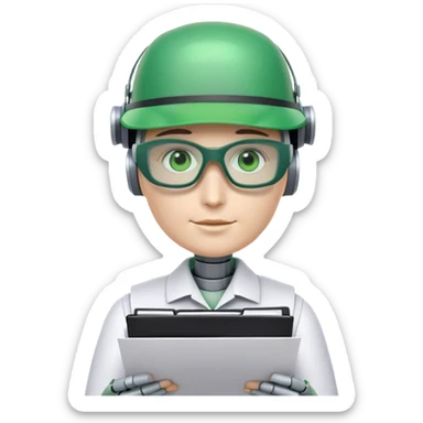 human like robot bookkeeper wearing Green eyeshades visor used by accountants and holding spreadsheets sticker
