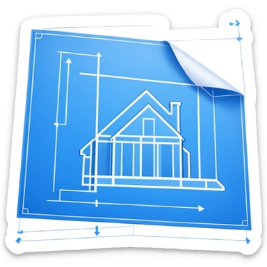 blue blueprint with white architectural lines, a dotted line leading to an X sticker