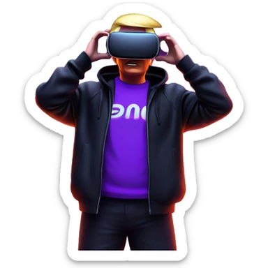 Donald Trump wearing a black hoodie with "OMG" letters on it and VR headset oculus quest 2 in a cyberpunk VR environment with violet neon lighting. sticker