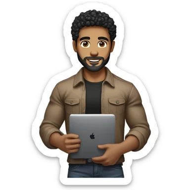 men holding his computer in hands. light brown skin men with curly black hair, dark brown eyes, little grown beard. ust a tiny bit muscular. dressed casual. round face. sticker