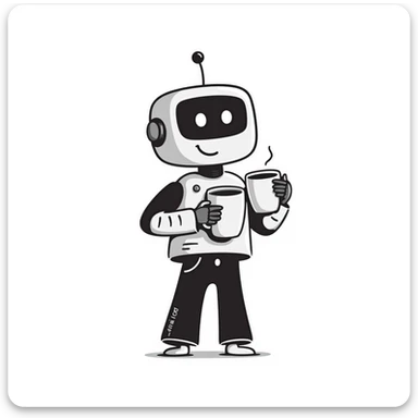 A hand-drawn robot character happily holding a coffee mug sticker
