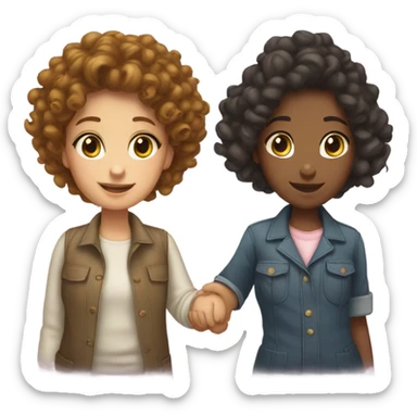 Two girls standing up holding hands one masculine with a curly bun and one feminine with curly hair sticker