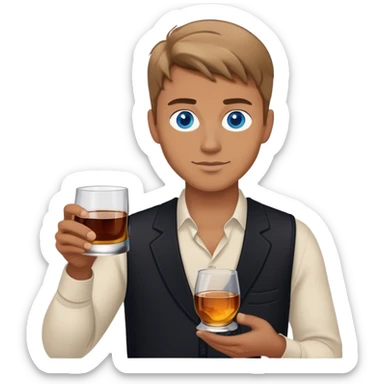 white guy light brown hair blue eyes wearing black holding whiskey sticker