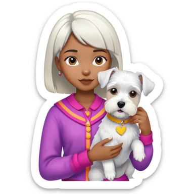 Black girl with short bangs holding a white schnauzer dog, colorful clothes sticker