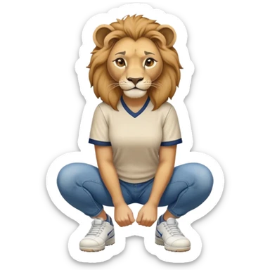 confident anthropomorphised female lion wearing a baseball shirt, jeans, trainers, squatting, empty hands sticker