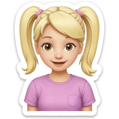 A playful blonde female cartoon character with wide, mischievous eyes, smiling, pigtail, dynamic pose suggesting movement, pastel colors, minimalistic and cute emoji style. sticker