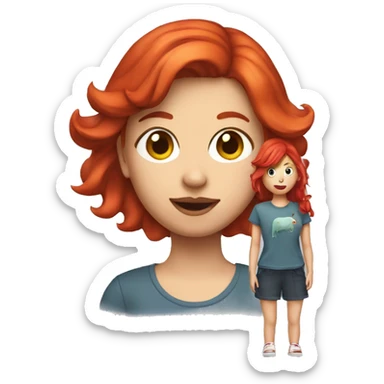 A funny girl with a tuna t shirt and red hair and shoes sticker