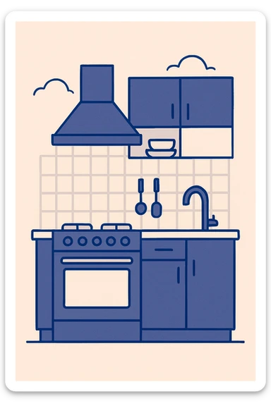 kitchen room with stove, cabinets, and sink in a modern flat style illustration sticker
