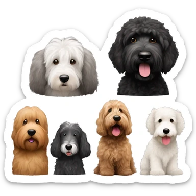 Black goldendoodle, brown golden doodle, old English sheepdog, and a black goldendoodle  sticker