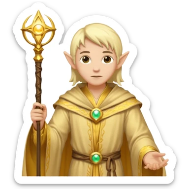 {
      "type": "human",
      "look": "light elf healer, golden robe, staff",
      "description": "a light elf healer wearing a golden robe and holding a staff"
    } sticker