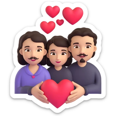 couple emoji: pale girl with long straight dark brown hair, no facial hair; tan boy with short black curly hair, small goatee and separate mustache; multiple hearts around the couple sticker