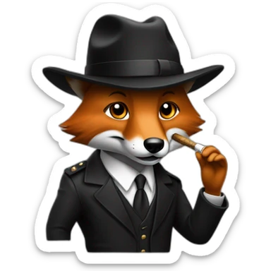 Un renard en costume noir avec une casquette plate avec un un cigare cigare sticker