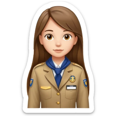Young girl, long brown straight hair, wearing uniform jacket with hotel name badge, tasteful scarf, stand behind the desk

 sticker