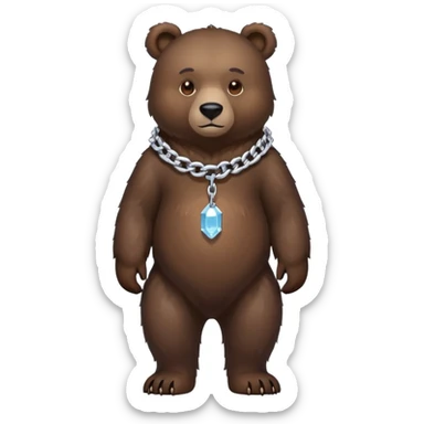 Full-length dark bear with detailed fur, on all four legs, wearing only a clean simple ice chain collar, no pendants or attachments sticker