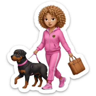 African american curly haired woman in all pink tracksuit walking big Rottweiler dog sticker