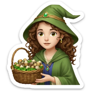 very beautiful italian girl, looking like Emma Watson, with curly and big volume very bright brown hair, and a golden piercing ring in nose on left side, dressed in a beautiful wizard robe of green colors, with basket of mushrooms sticker