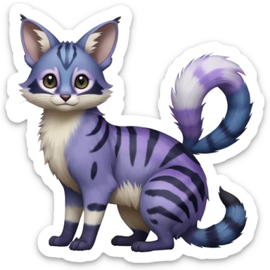  Realistic dull gloomy-dark-deep-grayish-indigo-violet-gradients fur with random markings beautiful elegant pretty precious cute  Fakémon-Pokémon-opossum-feline-serval-caracal-chinchilla-Minccino-hybrid-creature with a big fluffy bushy striped tail (full body) sticker