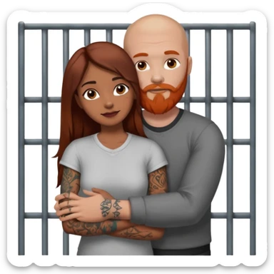 girl has no tattoo, long brown haired, brown eyed pretty girl, hugging a strong guy that is bald with a red beard and a sleeve of tattoos in jail sticker