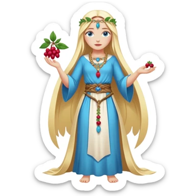 full body woman long blonde hair blue eyes white skin fruit priestess with berry belt and leaf jewelry sticker