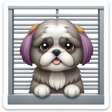 cute all grey shih tzu BEHIND A WINDOW WITH BLINDS AND PEEKING THROUGHT THE SLATS sticker