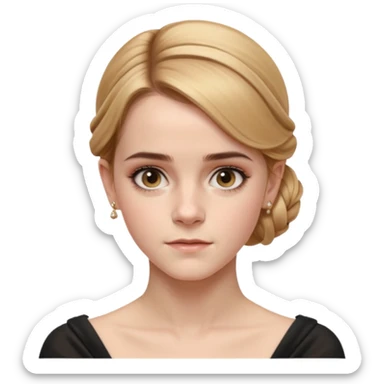 Cinematic Emma Watson Realistic Rococo Portrait, depicted with lifelike skin texture, subtle rosy undertones, and soft natural lighting that enhances the gentle contours of her face. Her intricately detailed golden blonde hair is elegantly styled in an updo, sticker
